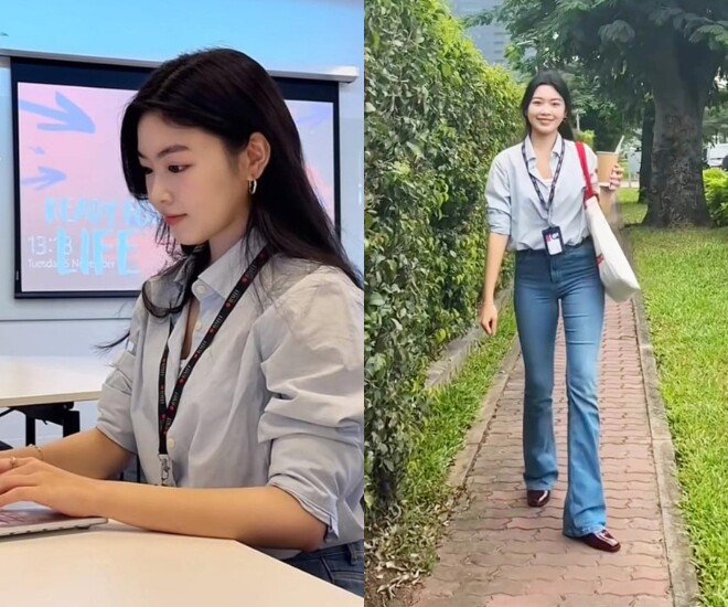 Lọ Lem khoác lên mình combo sơ mi rộng và quần jean ống loe tạo nên set đồ tối giản nhưng cực kỳ “fashion”. Đây là kiểu phối mang hơi hướng retro nhưng lại rất hợp bối cảnh đời sống sinh viên hiện đại.