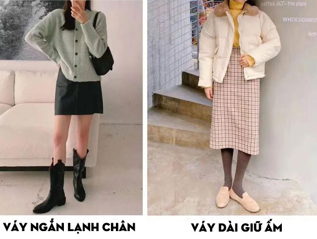 Chân váy dáng suông dài qua gối giúp giữ ấm và che khuyết điểm chân tốt hơn.