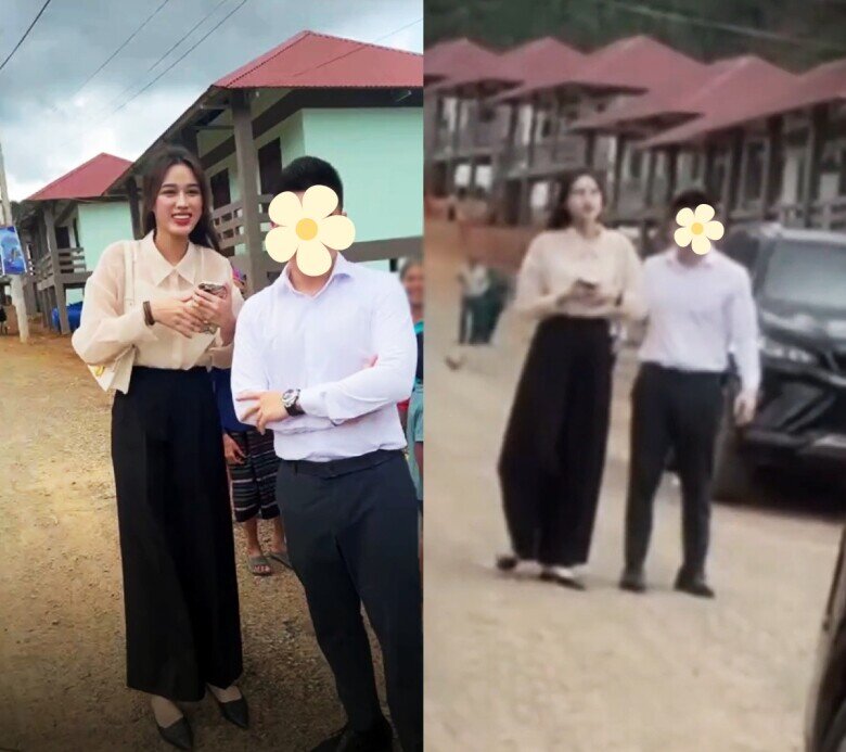 Chọn giày bệt mũi nhọn cùng tông đen với quần ống rộng, Đỗ Thị Hà trông lịch sự và thanh lịch khi sánh đôi bên thiếu gia Viết Vương.