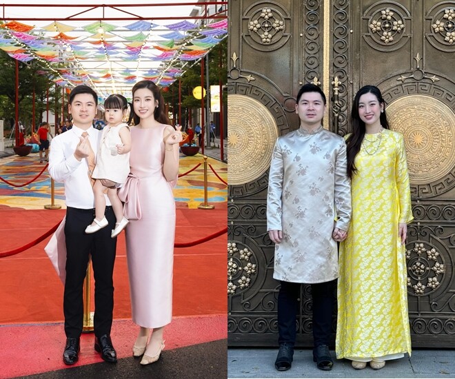 Đỗ Mỹ Linh cũng chăm diện giày đế bệt hoặc gót thấp khi đứng chung khung hình với ông xã. Nàng hậu có phần ưu ái các mẫu giày nude để tạo hiệu quả kéo dài vóc dáng.