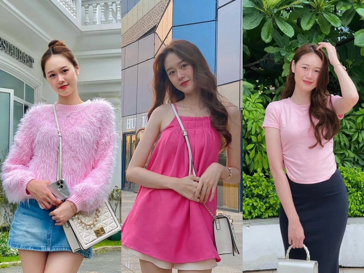 Cô ăn mặc trẻ trung ở đời thường với gam màu hồng tôn da sáng.