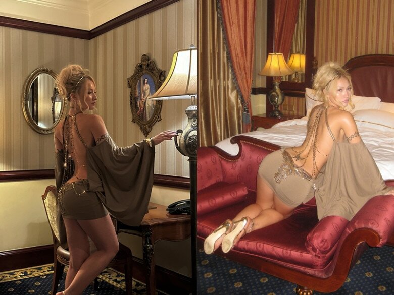 Naomi thu hút ánh nhìn với chiếc váy ngắn nâu olive ôm sát, tay áo rộng nhẹ nhàng và phần lưng trần khoét sâu, khoe trọn vẻ gợi cảm.