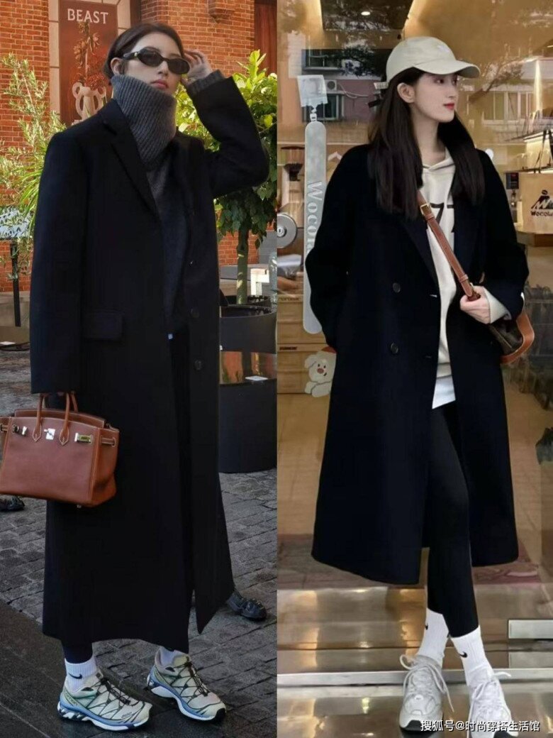 Áo khoác dạ dáng dài mix giày thể thao vừa sang trọng vừa trẻ trung, đầy phong cách.