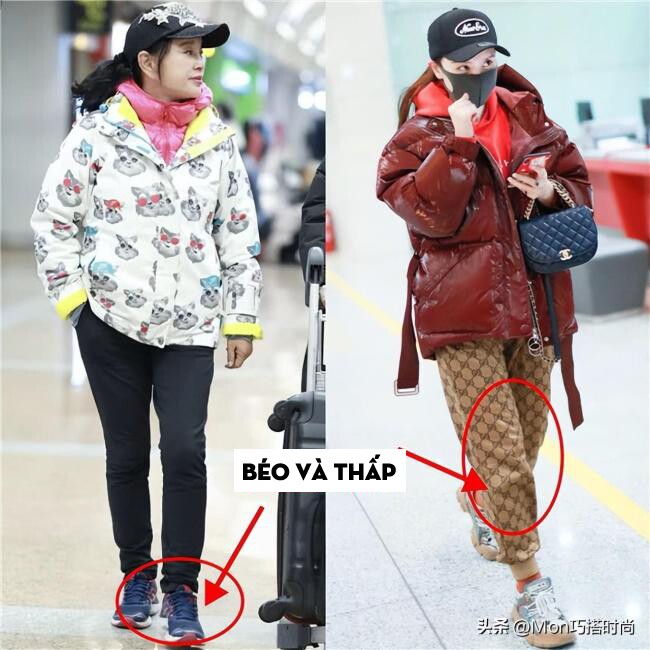 Áo phao kết hợp giày thể thao dễ “dìm” dáng, trông thấp và nặng nề hơn.