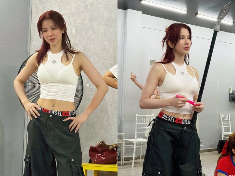 Diệp Lâm Anh chăm mặc áo dáng ngẵn cũn cơn khoe trọn vòng eo cùng cơ bụng săn chắc.