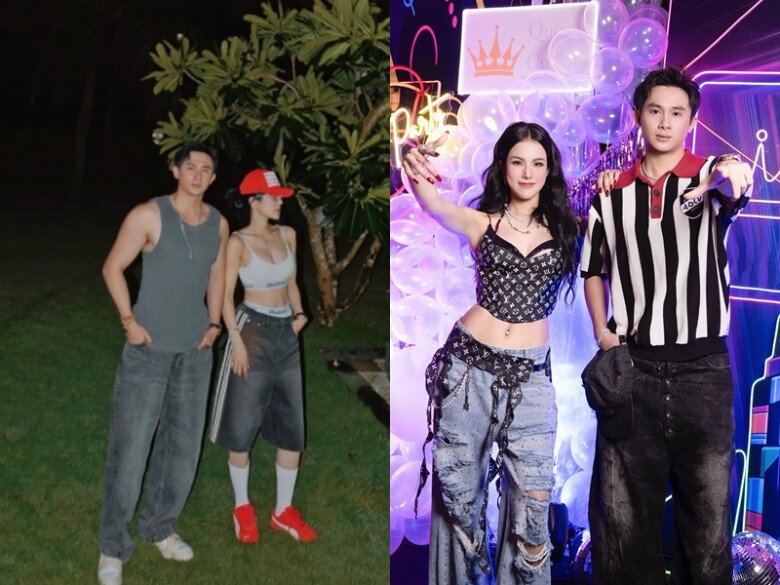 Khi sánh đôi bên bạn trai kém 11 tuổi, cô tự tin diện áo ngắn cổ trễ trông tươi trẻ và không hề có cảm giác chênh lệch với tình trẻ.