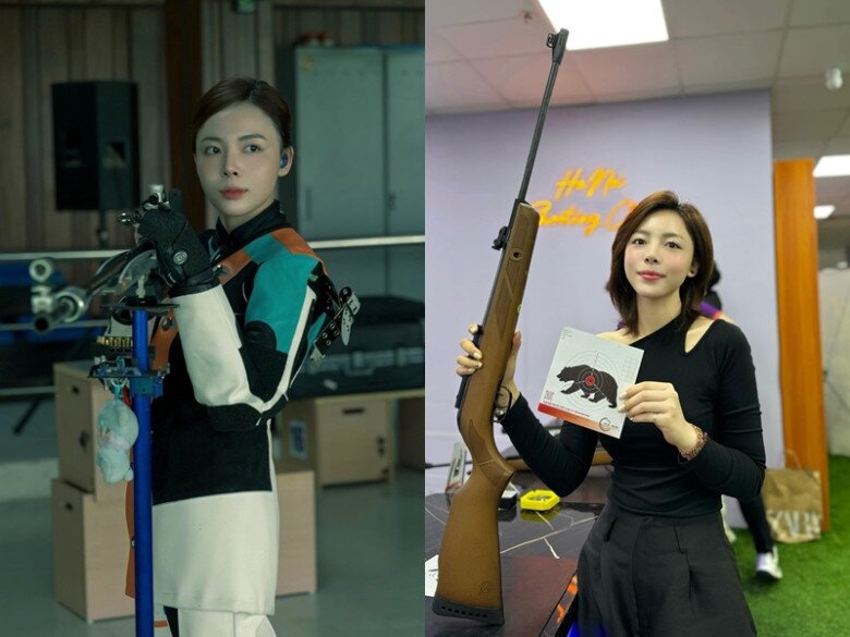 Thanh Thảo ghi điểm với vẻ đẹp rạng rỡ và thần thái mạnh mẽ đầy cuốn hút khi tập bắn.