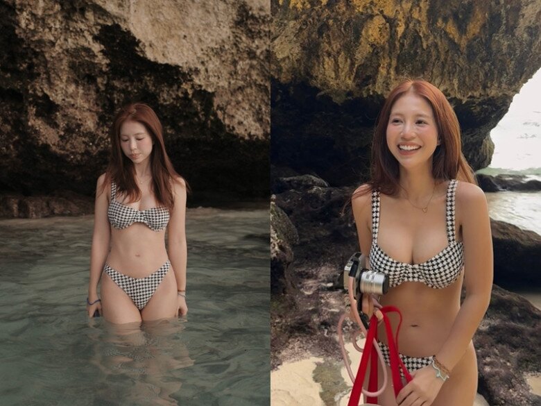 Các thiết kế bikini dáng cổ điển, in họa tiết hoa nhí hay kẻ caro giúp cô khoe trọn vòng một đầy đặn cùng vóc dáng săn chắc, mang đến hình ảnh trẻ trung, tràn đầy năng lượng.