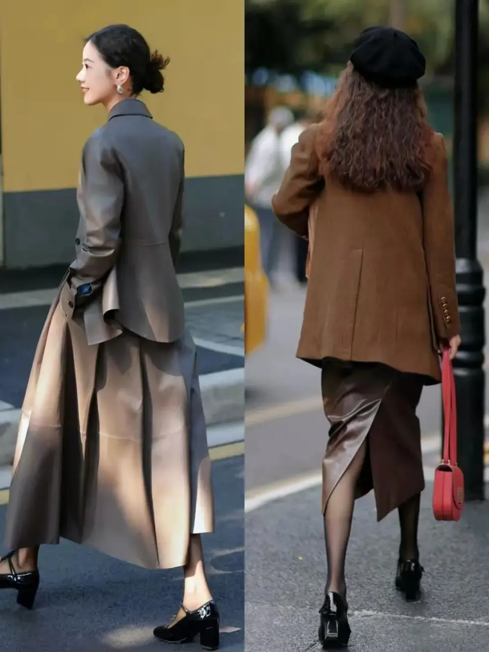 Một chiếc áo khoác vest màu nâu phối cùng chân váy da đồng điệu sẽ tạo nên tổng thể vừa thanh lịch vừa sang trọng. Hoặc, nếu yêu thích nét cá tính nhẹ, bạn có thể chọn áo khoác da màu nâu xám đi kèm chân váy ton-sur-ton tối giản nhưng hiệu quả.