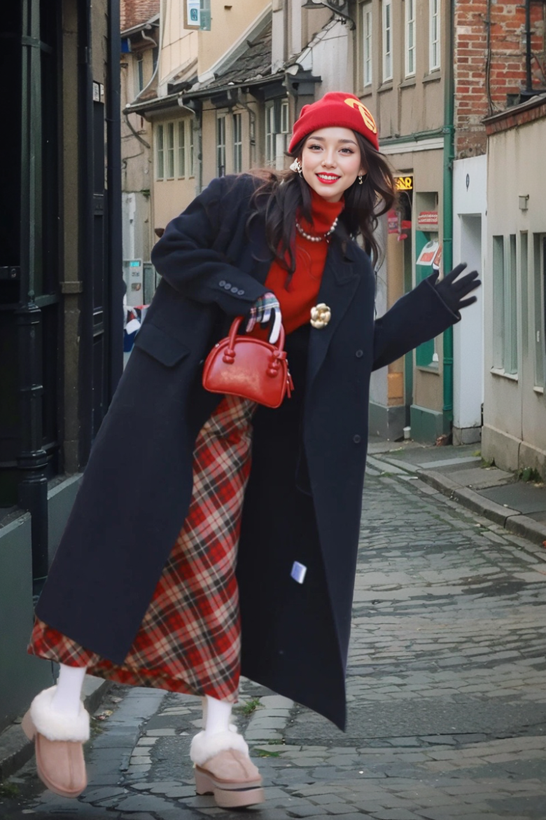 Áo khoác dạ dáng dài màu đen được kết hợp đầy tinh tế cùng chân váy midi kẻ caro đỏ tạo nên sự giao thoa hoàn hảo giữa cổ điển và hiện đại.