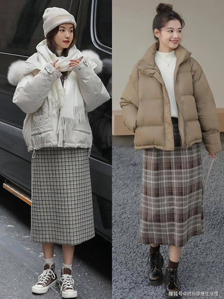 Áo phao với chân váy midi dáng suông kẻ caro trông cổ điển nhưng không kém phần trẻ trung.