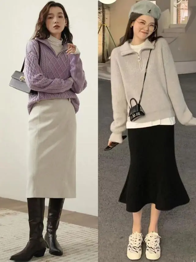 Khi hợp với chân váy, áo len khóa kéo có thể tôn lên vẻ quyến rũ của người phụ nữ, toát lên sự dịu dàng, thanh lịch và ngọt ngào.