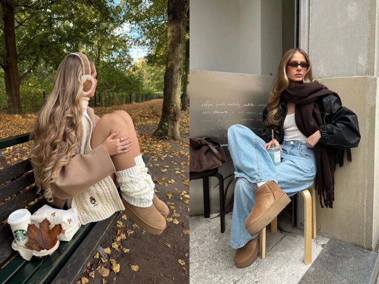 Giày lông cừu đế cao giúp chị em ăn gian thêm vài cm và trông cao ráo hơn khi diện đồ mùa đông cồng kềnh.