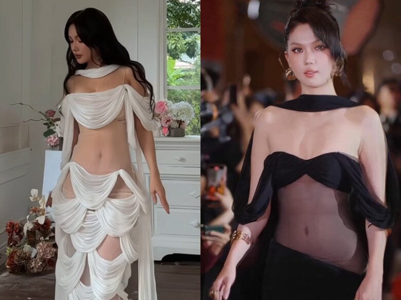 Ngay cả thiết kế mà Sĩ Thanh diện cũng na ná mẫu đầm gây tranh cãi mà Ngọc Trinh từng mặc khiến nhiều người đùa rằng cô sắp tước danh xưng nữ hoàng nội y của mỹ nhân miền Tây.