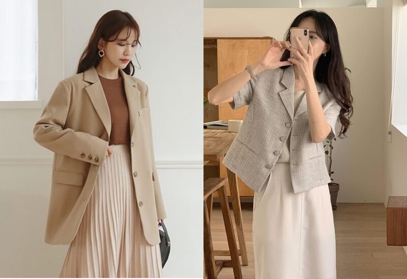 Áo blazer có thể “nâng cấp” bất kỳ outfit nào. Khi phối cùng váy liền, quần âu hay chân váy, blazer mang lại vẻ ngoài chỉn chu, chuyên nghiệp. Nên chọn blazer dáng suông, màu trung tính như kem, ghi hoặc đen – vừa dễ phối vừa tôn dáng.