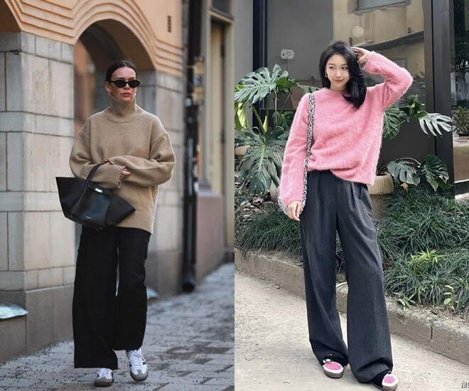 Áo len oversize phối cùng quần ống rộng tạo nên vẻ ngoài phóng khoáng, hiện đại và có chút phá cách. Đây cũng là công thức lý tưởng cho những quý cô cao ráo muốn tôn lên khí chất thanh lịch nhưng vẫn giữ được nét năng động, thời thượng.