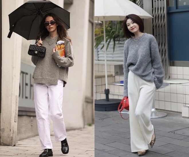 Một chiếc áo len oversize màu xám tưởng chừng đơn điệu sẽ trở nên thời trang và hiện đại hơn khi đi cùng quần trắng. Bộ đôi này giúp bạn “hack tuổi” khéo léo, mang lại cảm giác trẻ trung, phóng khoáng mà vẫn giữ được nét thanh lịch cần có.