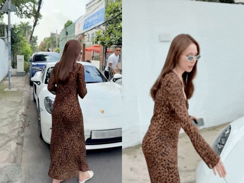 Nữ ca sĩ diện chiếc váy dáng ôm họa tiết da báo sành điệu, phối thêm cặp kính mắt thời trang. Mái tóc nâu óng mượt càng tô điểm thêm vẻ ngoài.