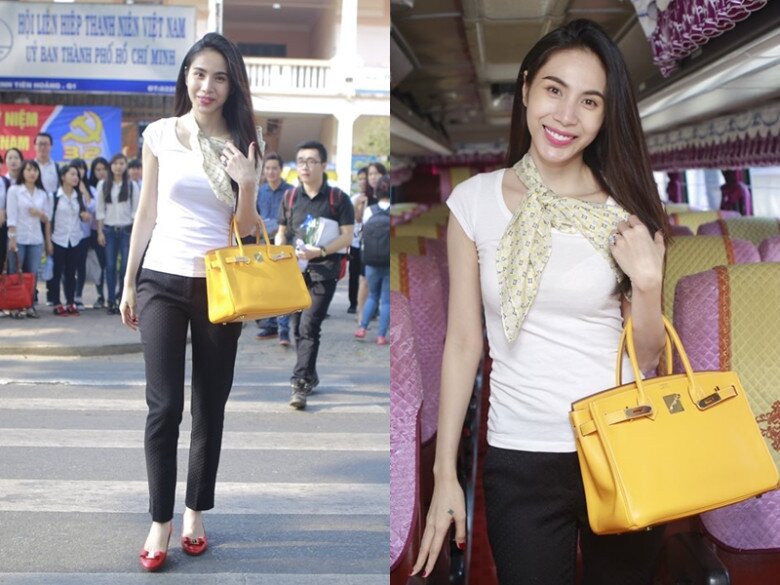 10 năm trước, Thủy Tiên diện áo thun đơn giản và quấn khăn cổ tạo điểm nhấn, mang theo chiếc túi Hermès khi đi cùng các sinh viên về quê ăn Tết trên chuyến xe yêu thương.