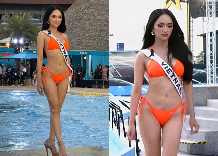 Hương Giang trình diễn thiếu tự tin trong phần thi áo tắm do lo lắng bị lộ sẹo hay hớ hênh.