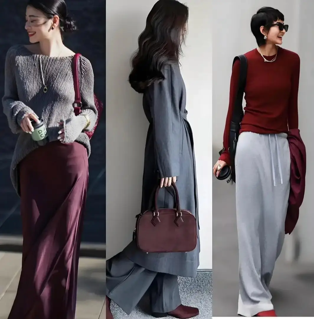 Áo len xám kết hợp chân váy midi satin đỏ tía sẽ mang lại vẻ ngoài vừa cổ điển vừa tinh tế. Bạn cũng có thể dùng đỏ tía làm lớp lót bên trong hoặc thêm phụ kiện nhỏ để làm bừng sáng bộ trang phục, giúp nổi bật giữa đám đông mà vẫn giữ sự sang trọng.