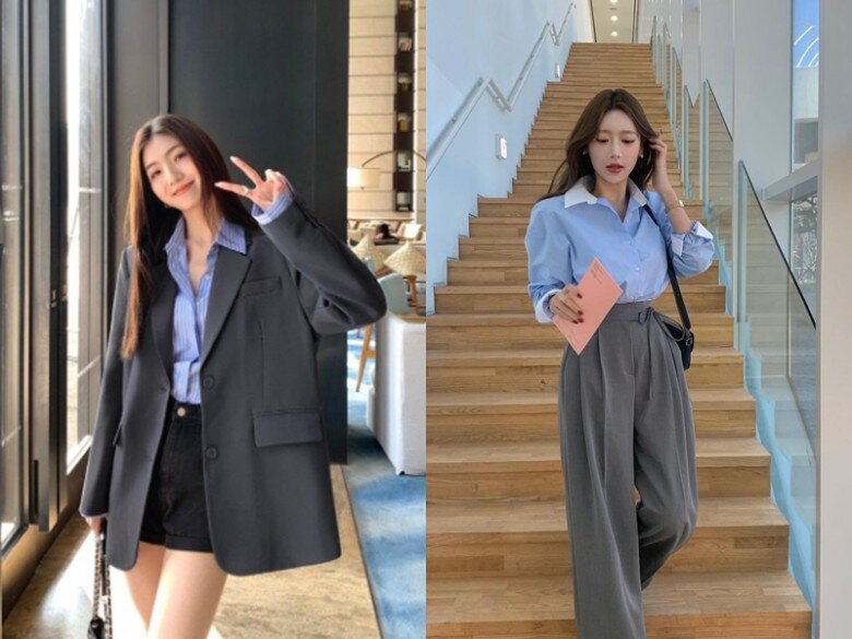 Một chiếc áo sơ mi xanh với quần âu xám sẽ mang đến vẻ ngoài đầy sức sống và sạch sẽ. Nếu cảm thấy lạnh, chị em có thể khoác ngoài một chiếc áo blazer xám đồng màu quần.