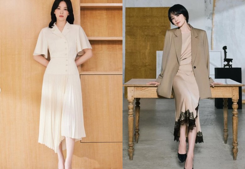 Các mẫu váy midi dài ngang bắp chân trông thanh lịch, nữ tính cũng là items đáng để các chị em 40+ tham khảo.