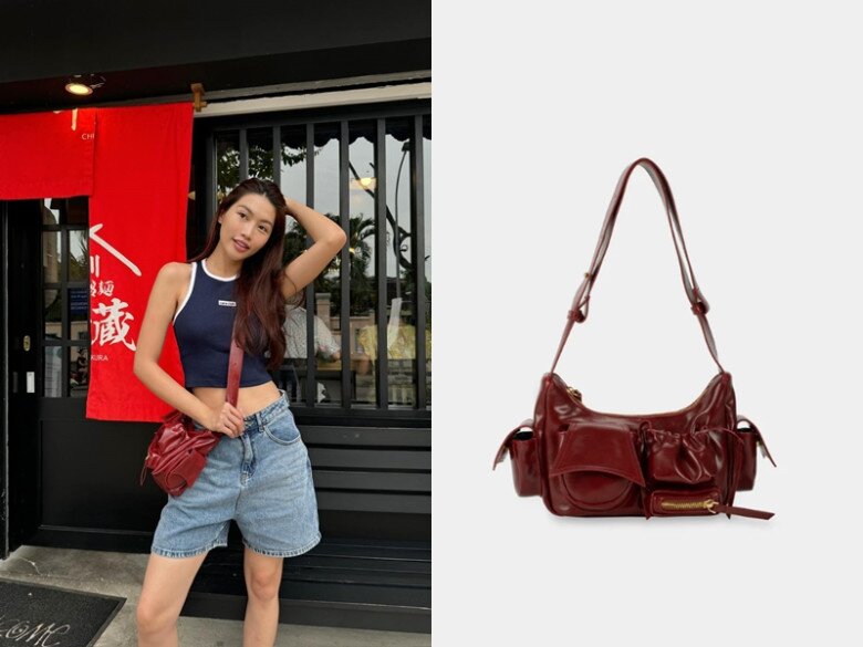 Người đẹp diện mẫu túi với những ngăn nhỏ xinh xắn của thương hiệu Việt có giá gần 1,4 triệu đồng. Màu túi tương phản nổi bật trên nền trang phục trung tính, giúp tổng thể vừa khỏe khoắn vừa gợi cảm hứng đường phố trẻ trung.