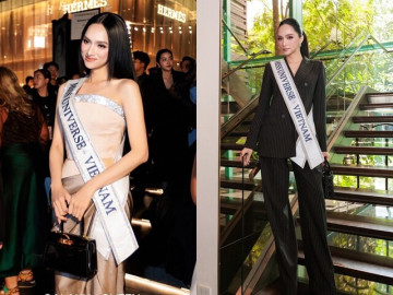 Hương Giang xách túi trăm triệu tình cũ tặng phối với chục kiểu váy áo, đọ sắc dàn người đẹp tại Miss Universe