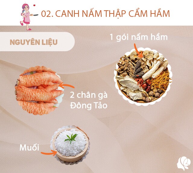 Chuẩn bị: 1/2 gói nấm hầm (dưỡng sinh), 2 cái chân gà đông tảo, muối vừa ăn.