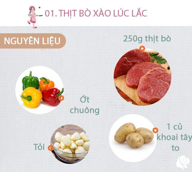 Chuẩn bị: 250g thịt bò, 1 củ khoai tây to, 1/2 quả ớt chuông vàng, 1/2 quả ớt chuông xanh, 1/2 quả ớt chuông đỏ, tỏi, dầu ăn, bột canh, gừng.