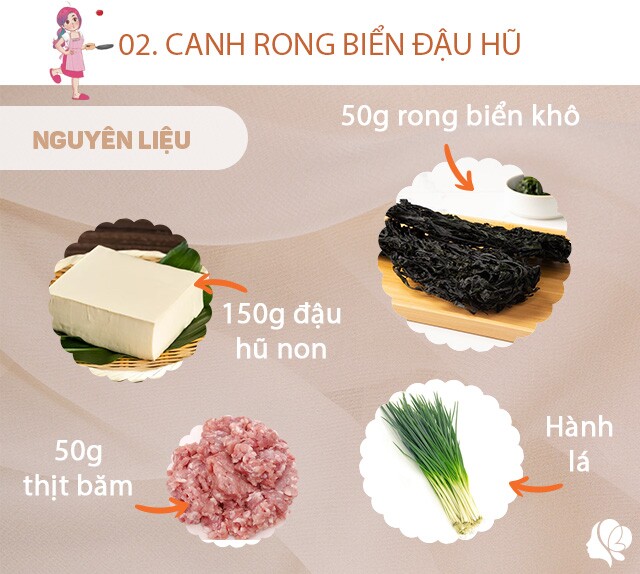 Chuẩn bị: Rong biển khô 50 gr - Đậu hũ trắng 1 miếng - Thịt nạc dăm 50 gr - Hành tím 3 củ - Dầu ăn 1 muỗng canh - Gia vị thông dụng 1 ít, hành lá.
