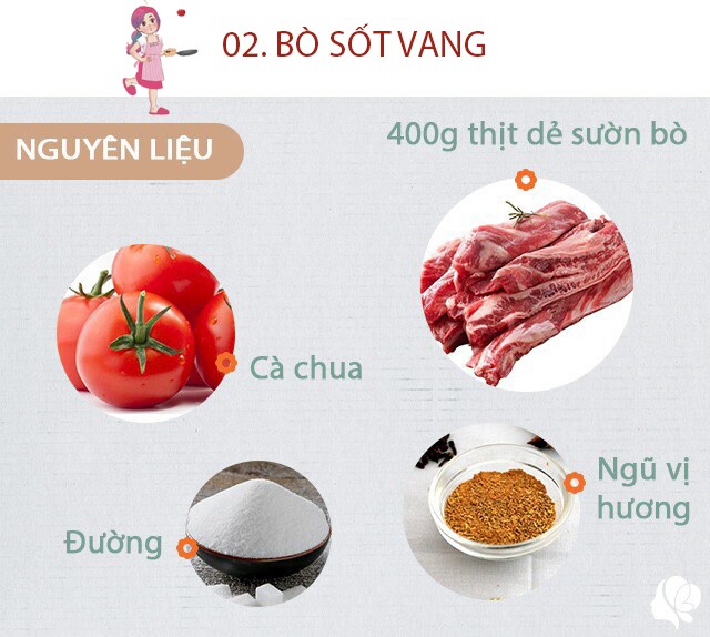 Chuẩn bị: - 400 thịt dẻ sườn bò hoặc phần thịt bò có nhiều gân - 2 quả cà chua; 1 củ cà rốt cỡ vừa, 2 củ khoai tây, nửa chén rượu vang; 2 thìa nhỏ thịt quả gấc; 1/2 gói ngũ vị hương; 1 miếng quế; 2 bông hoa hồi; 2 thìa nhỏ đường; gia vị nước mắm bột nêm vừa miệng.