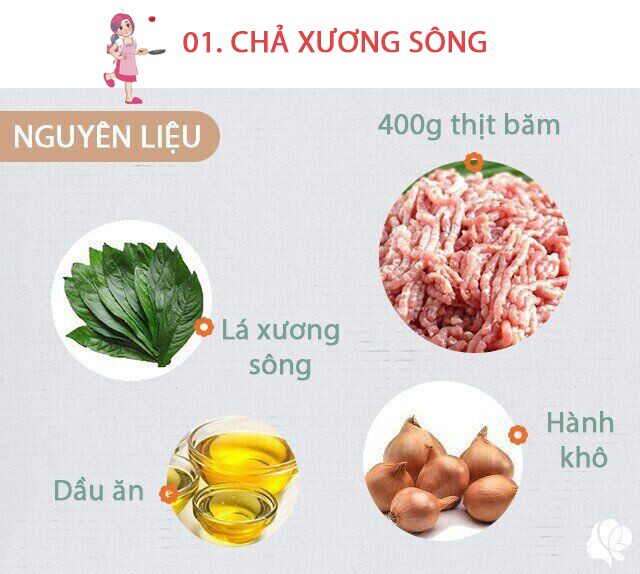 Chuẩn bị: 400g thịt lợn băm, một nắm lá xương sông rửa sạch, 1 củ hành khô, dầu ăn, hành lá xắt nhỏ, muối.