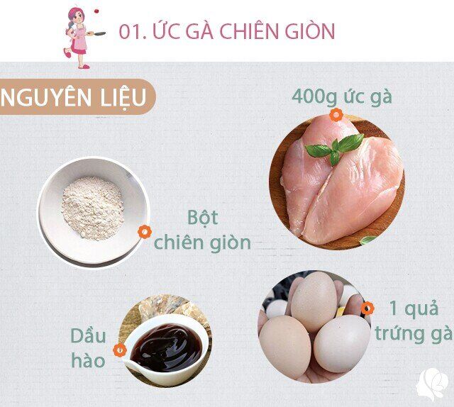 Chuẩn bị: 400g ức gà, bột chiên giòn, 1 quả trứng gà, dầu hào, xíu bột canh, 1 thìa bột năng, dầu ăn.