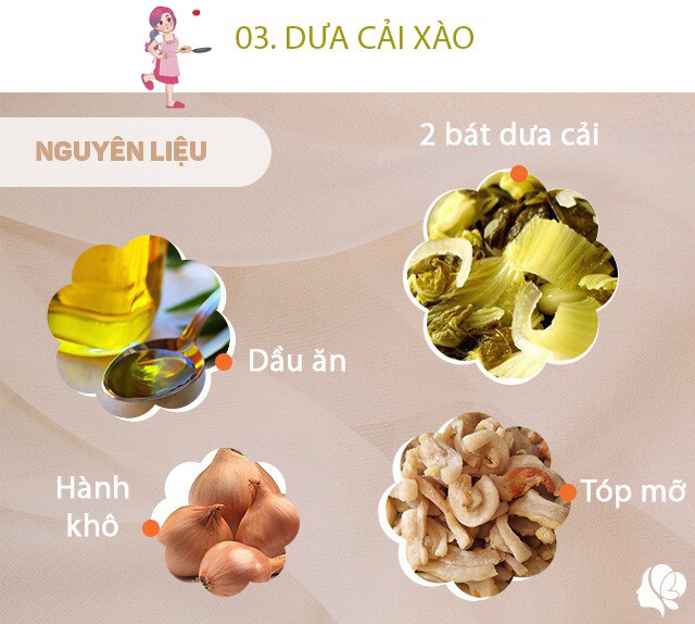 Chuẩn bị: 2 bát ăn cơm dưa cải, 1 muôi tóp mỡ, 1 củ hành khô, dầu ăn hoặc mỡ lợn, gia vị bột nêm.