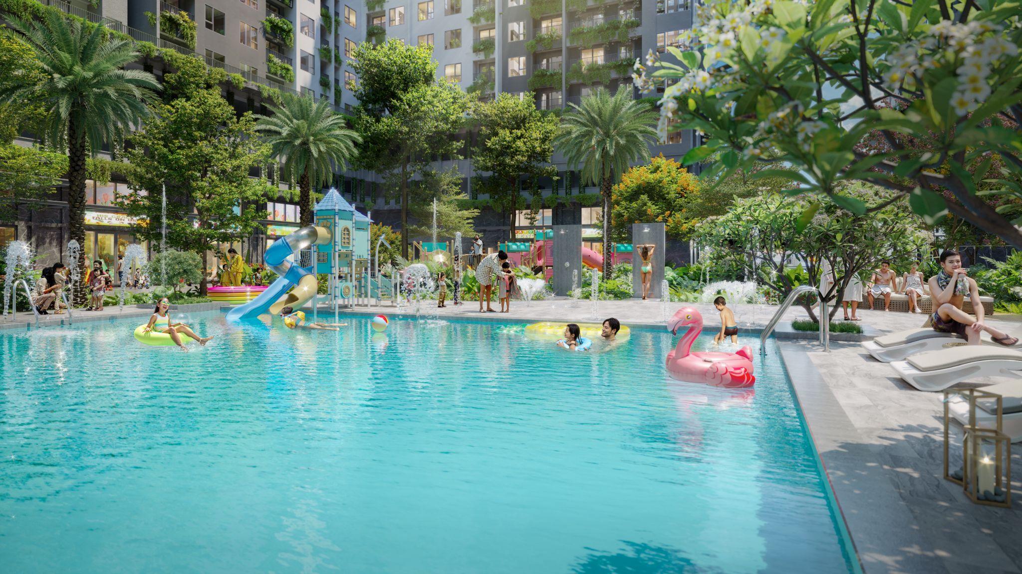 Hồ bơi tiêu chuẩn Olympic tại The Win City, điểm nhấn tiện ích hiện hữu, kiến tạo chuẩn sống nghỉ dưỡng giữa lòng khu đô thị. Nguồn: Thắng Lợi Group