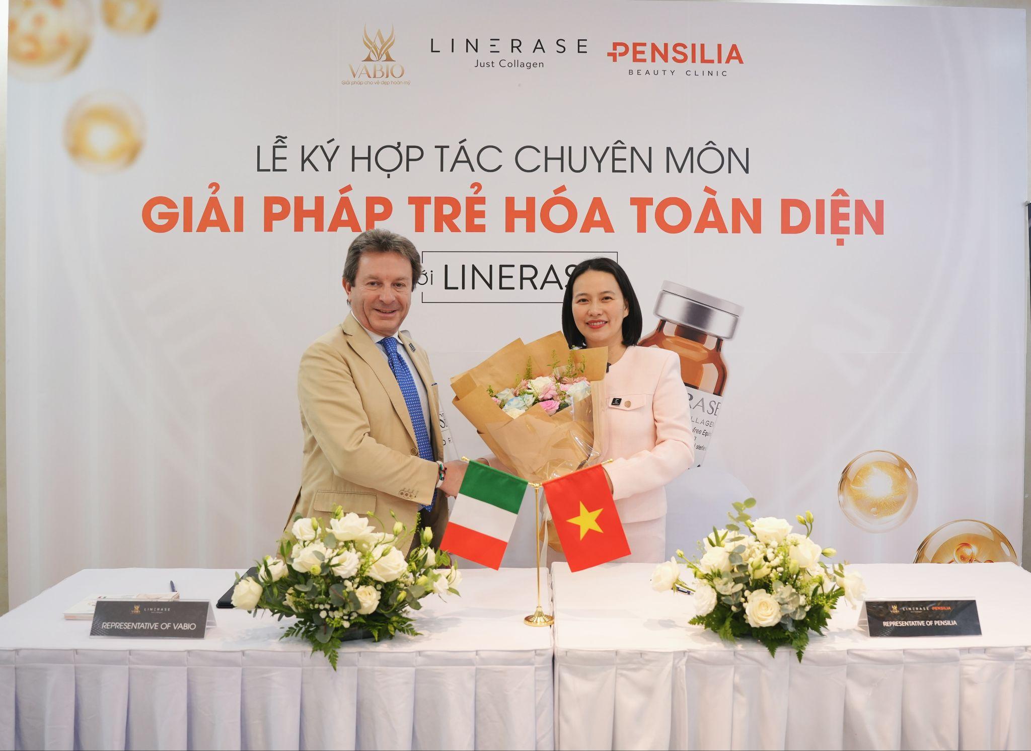 Ông GS. Andrea Corbo – Giám đốc Học thuật, Học viện IAF Rome (Ý) đại diện Linerase Global amp; ThS.BS CKII Nguyễn Phương Thảo – Giám đốc chuyên môn hệ thống Pensilia Beauty Clinic.