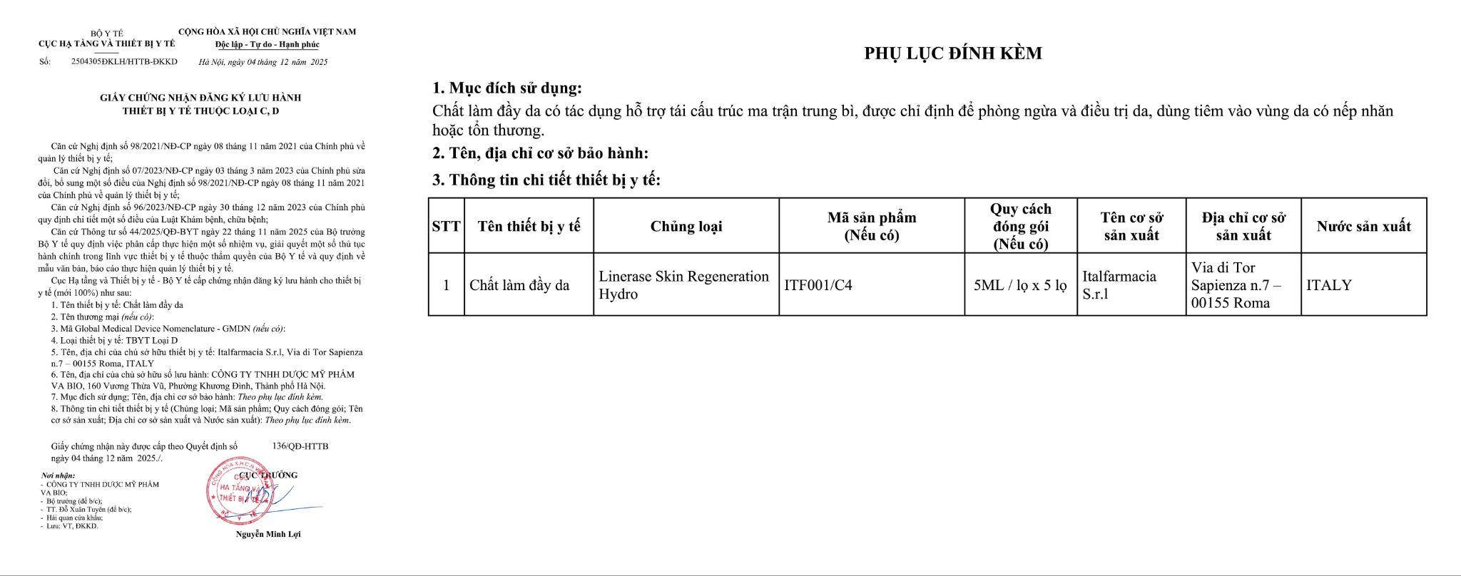 LineRase Collagen được chứng nhận đăng ký lưu hành thiết bị y tế thuộc loại C,D bởi Cục Hạ tầng amp; Thiết bị Y tế (Bộ Y tế) cấp.