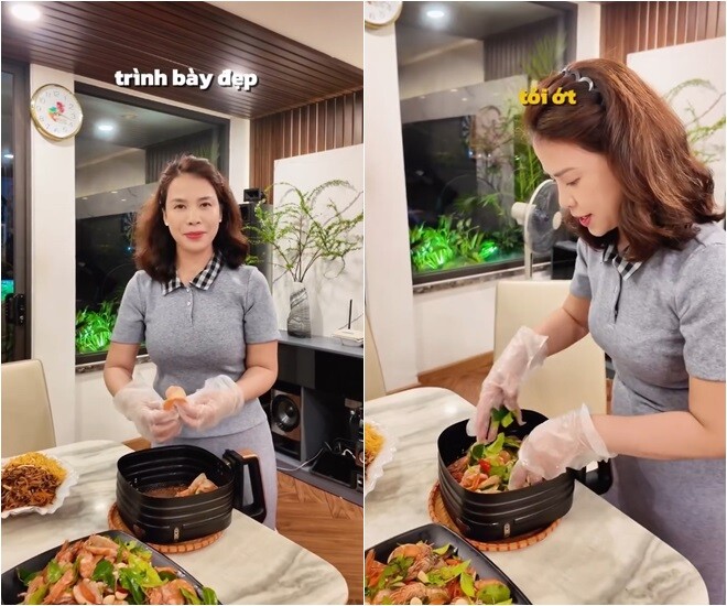 Những con tôm được cô xếp tròn trong nồi chiên không dầu như thế nào thì lấy ra cũng y như vậy. Trước đó, tôm đã được ướp cùng gia vị, lá chanh. Sau khi xếp, cô cho thêm tỏi ớt vào. 