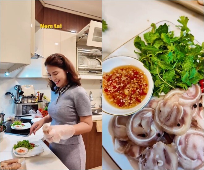 Tiếp đó là món nem tai bùi bùi, được cô chuẩn bị chu đáo từ các loại rau ăn kèm cho đến nước chấm tỏi ớt hấp dẫn.