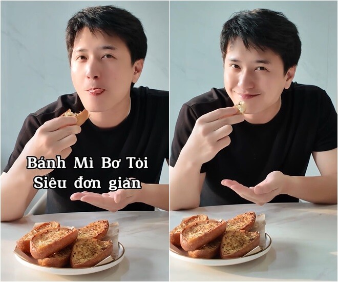 Huỳnh Anh thưởng thức món bánh mì bơ tỏi do chính tay mình làm. Bánh được nướng vàng ruộm, mặt trên phủ đầy lớp bơ tỏi béo ngậy, thơm lừng, cắn nghe tiếng giòn tan.