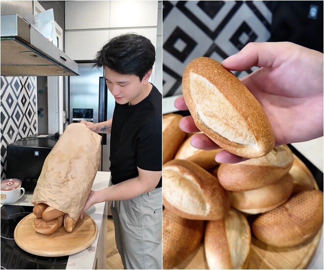 Để thực hiện món ăn này, nam diễn viên chọn loại bánh mì nhỏ, vỏ giòn đúng chuẩn để làm bánh mì bơ tỏi. Anh làm một lúc hơn chục chiếc để ăn dần.