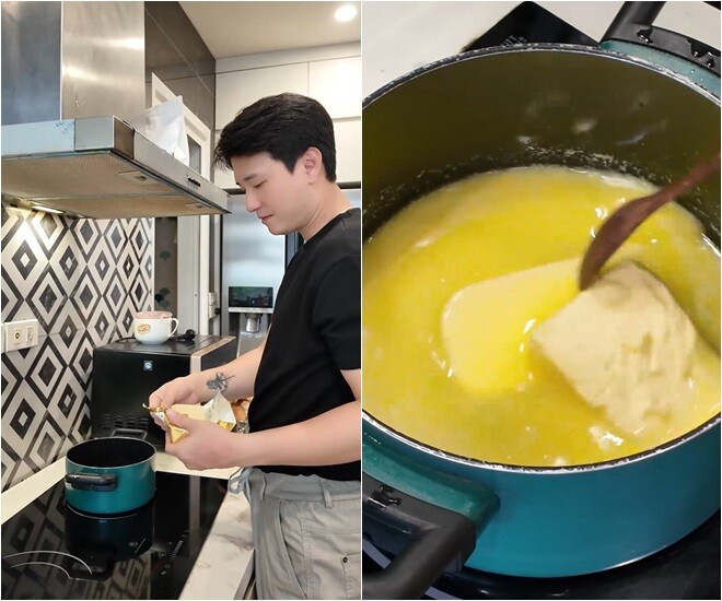 Bước tiếp theo là nấu chảy bơ trên bếp. Anh dùng lượng bơ khá hào phóng, khuấy đều tay để bơ tan đều, tạo độ béo ngậy cho món ăn.