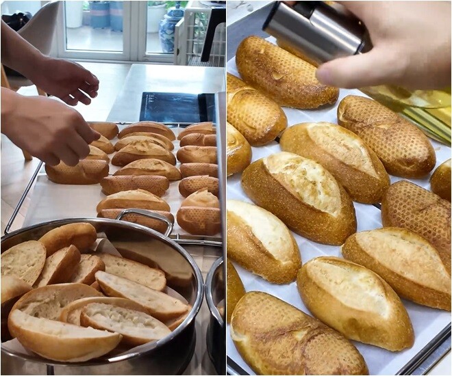 Bánh được xếp vào khay để nướng lại cho giòn. Một lớp dầu olive mỏng được xịt lên bề mặt để tăng hương vị và độ giòn khi nướng.