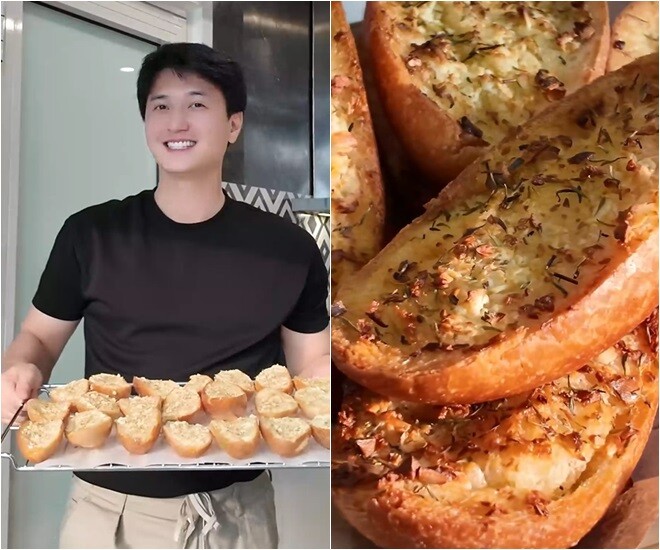 Huỳnh Anh tươi rói bên khay bánh trước khi đưa vào lò nướng. Bánh mì nướng xong vàng giòn, mặt trên cháy cạnh nhẹ, bơ tỏi hòa quyện đậm đà làm nhiều fan nhìn mà xiêu lòng.