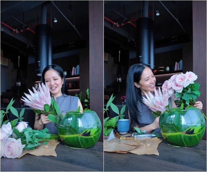 “Hôm nay mình tính làm một bình hoa kiểu đăng đối với các màu hồng rất là xinh tươi như thế này và một số lá xanh ở ngoài vườn”, Hồng Nhung chia sẻ nhẹ nhàng.