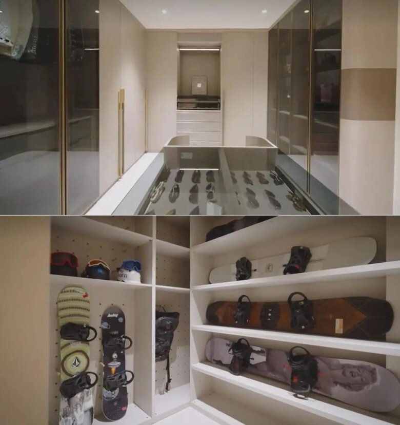 Nữ diễn viên nổi tiếng cũng không thể thiếu căn phòng thời trang với phòng để giày, đồ thể thao và bộ sưu tập ván trượt tuyết của gia đình. Các ngăn kệ sáng màu, bố trí khoa học, thể hiện lối sống năng động của vợ chồng cô. Ở tuổi 45, Hoắc Tư Yến đã tận hưởng cuộc sống an nhàn đáng mơ ước, không còn mải mê đóng phim.