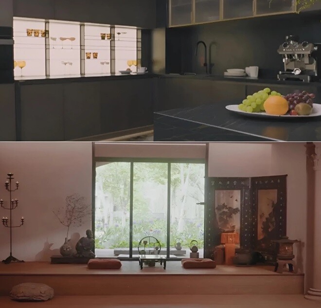 Khu bếp tông màu tối hiện đại, được bài trí gọn gàng, ngăn nắp. Phòng trà đậm chất Á Đông. Bình phong gỗ khảm trai được đặt ở vị trí trang trọng.