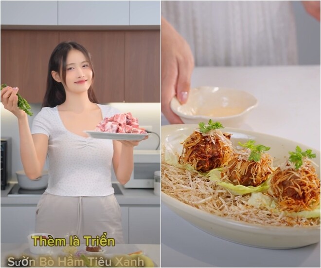 Từ khi có con, Trương Mỹ Nhân càng chăm chỉ vào bếp hơn. Cô thường chia sẻ những mâm cơm nhà đơn giản, dễ làm nhưng đầy đủ dinh dưỡng. Những video của cô thu hút nhờ sự chân thật, đôi khi là cả những lần thử nghiệm món mới đầy vui nhộn. Không chỉ cô mà ông xã Phí Ngọc Hưng cũng chăm chỉ vào bếp.